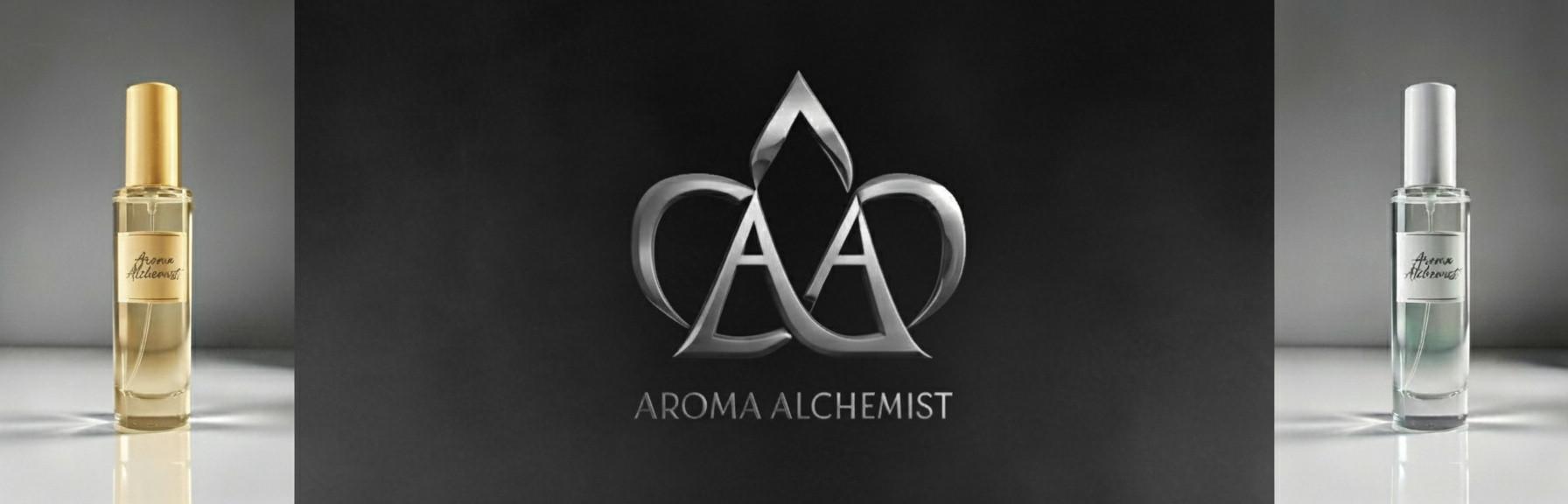 Two Aroma Alchemist perfume bottles with a logo in the center on a black background